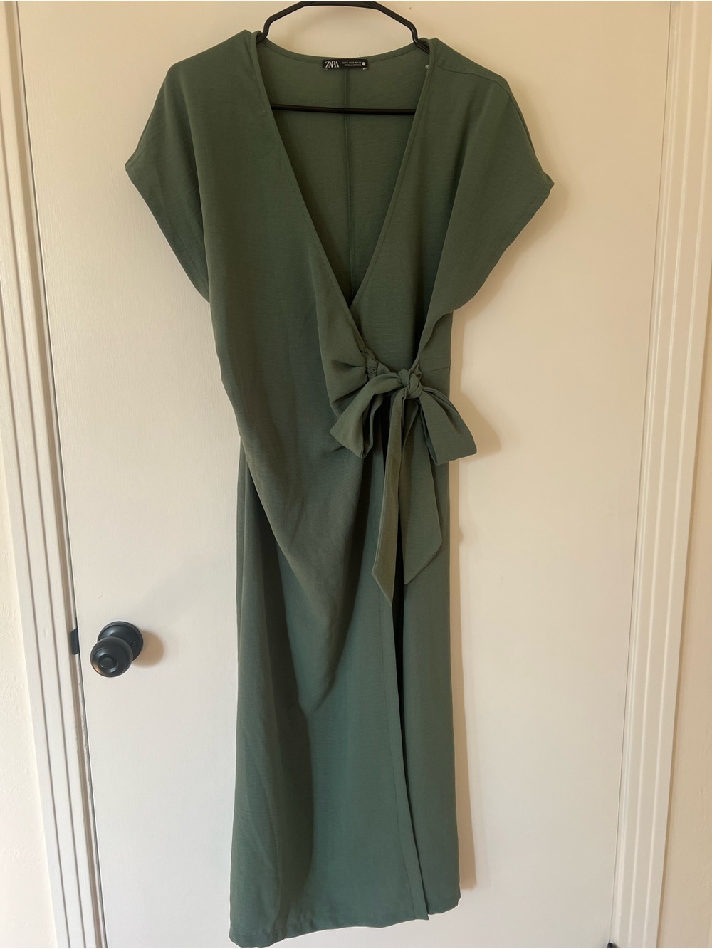 Zara Dark Olive Wrap Midi Dress with Side Tie
